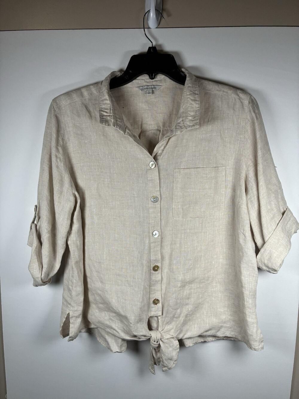 John Mark L Oatmeal 100% Linen Tie Front Button Shirt Coastal Grandmother Boho
